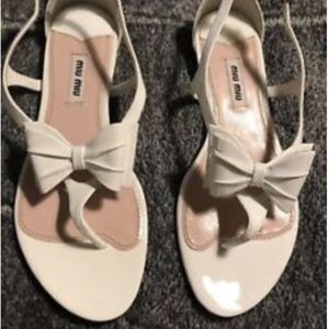 Miu Miu White Patent Leather Bow T-Strap Sandals